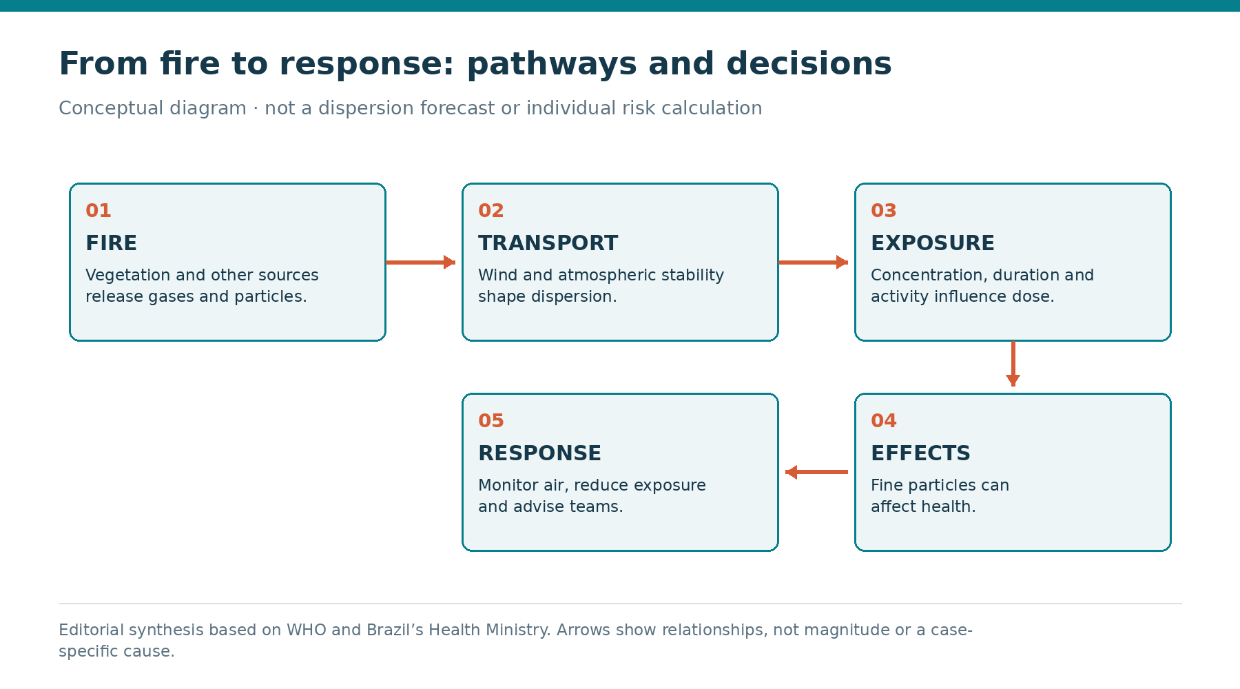From fire to exposure and response: conceptual diagram based on WHO and Brazil’s Health Ministry. Arrows show relationships, not magnitude, a dispersion forecast or causation in an individual case.