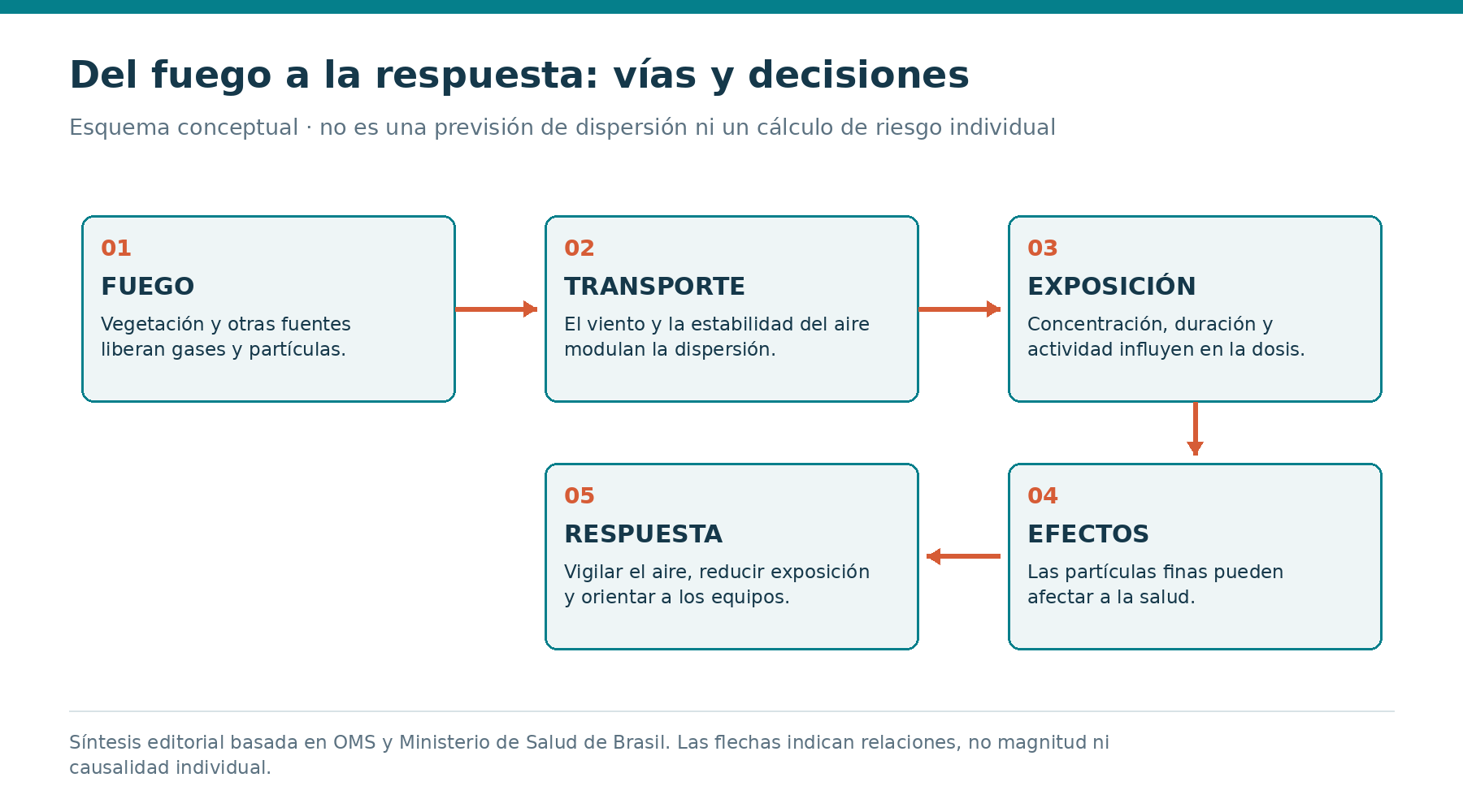 Del fuego a la exposición y la respuesta: esquema conceptual basado en OMS y Ministerio de Salud de Brasil. Las flechas indican relaciones, no magnitud, previsión de dispersión ni causalidad en un caso individual.