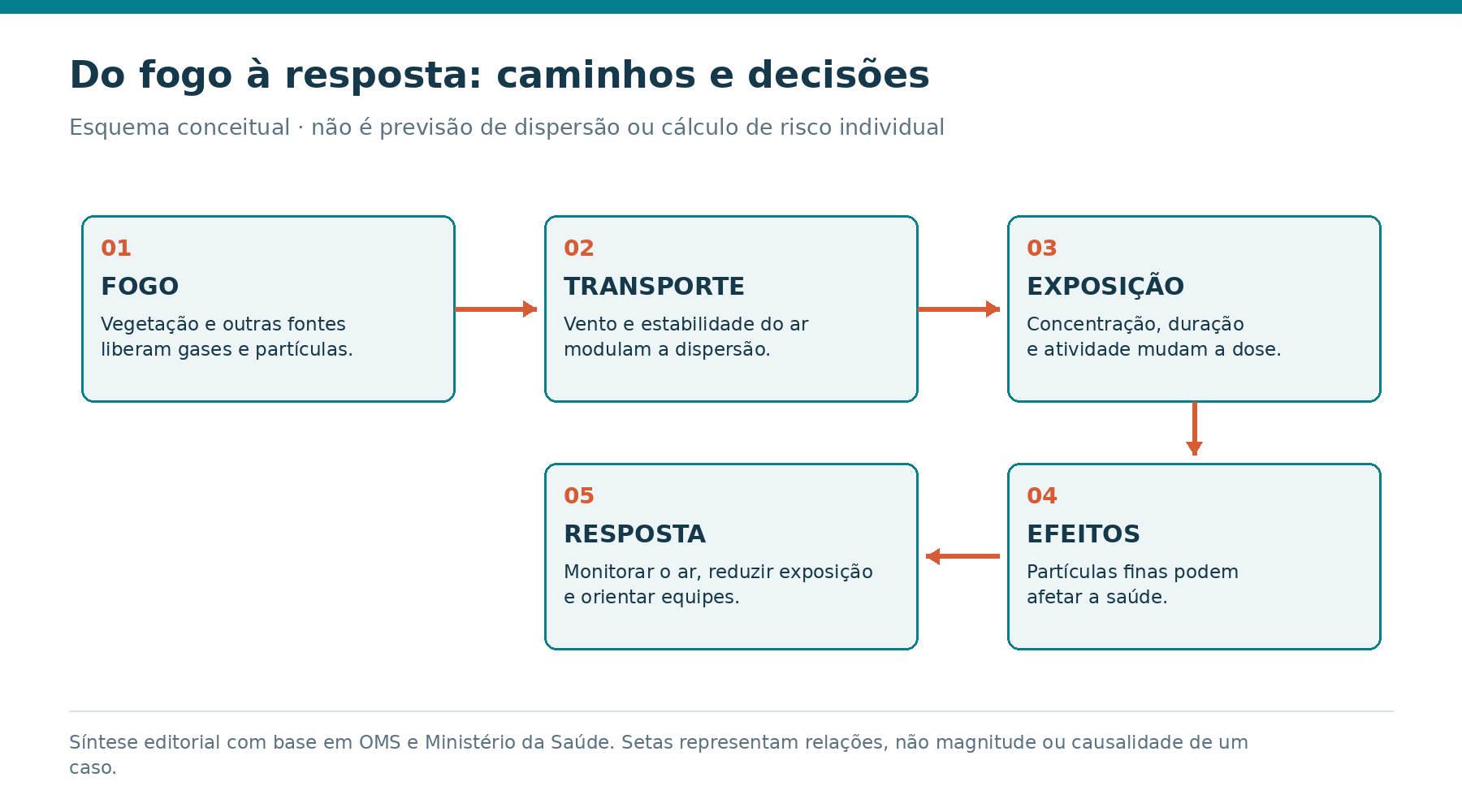 Do fogo à exposição e à resposta: esquema conceitual baseado em OMS e Ministério da Saúde. Setas representam relações, não magnitude, previsão de dispersão ou causalidade de um caso individual.