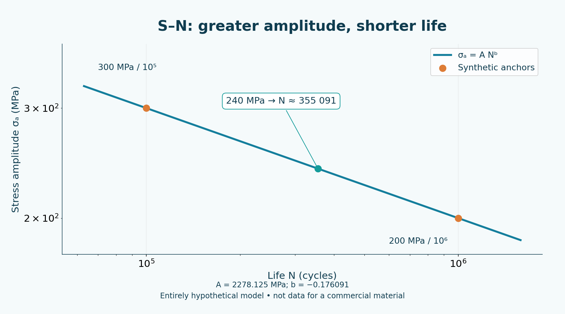 Entirely fictitious S–N curve with anchors of 300 MPa at 100000 cycles and 200 MPa at 1000000. Does not characterize a commercial material.