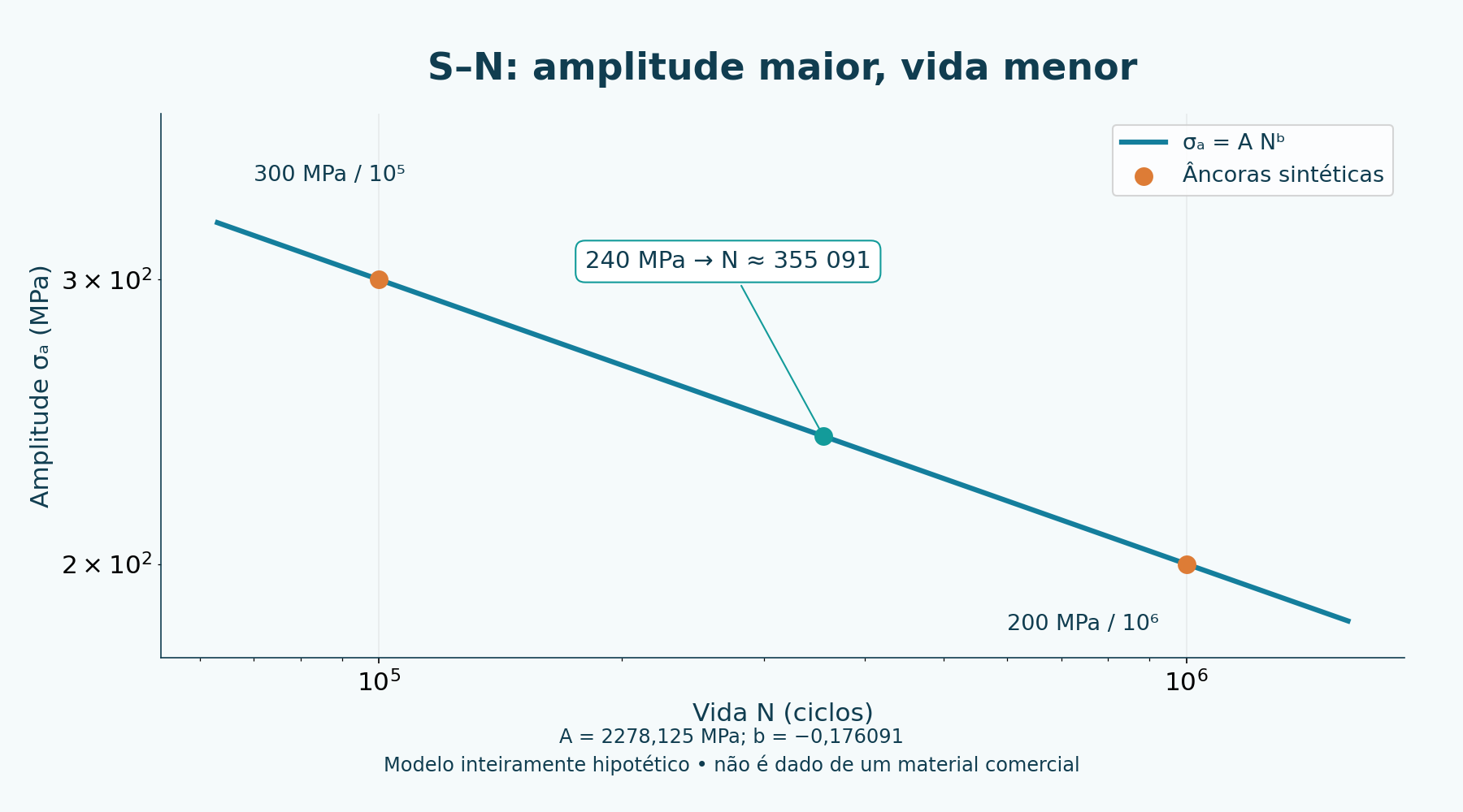Curva S–N totalmente fictícia, com âncoras de 300 MPa em 100000 ciclos e 200 MPa em 1000000. Não caracteriza um material comercial.